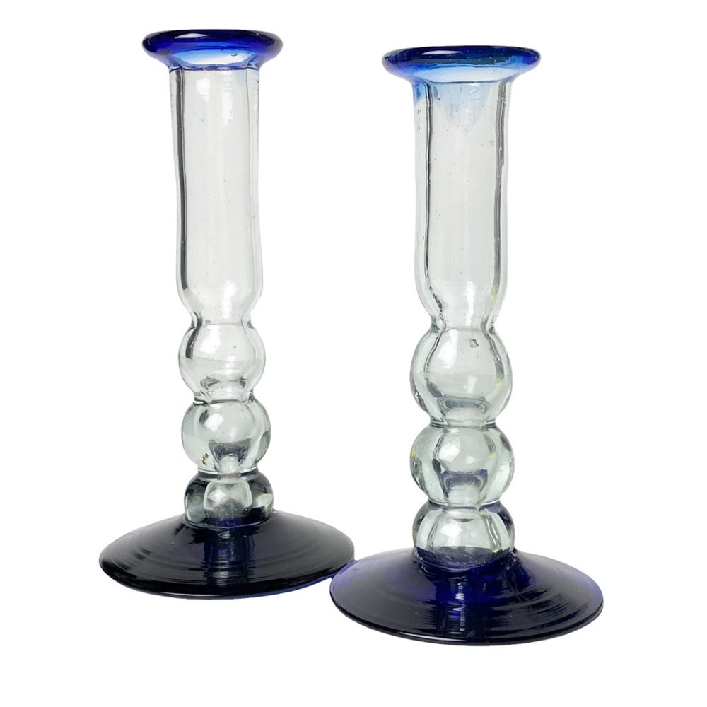 Vintage Blue Glass Candle Holders